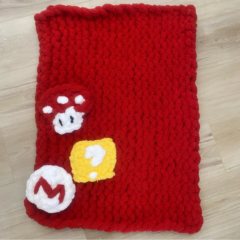 Handmade Red Knitted Blanket with Mario Themed Patches